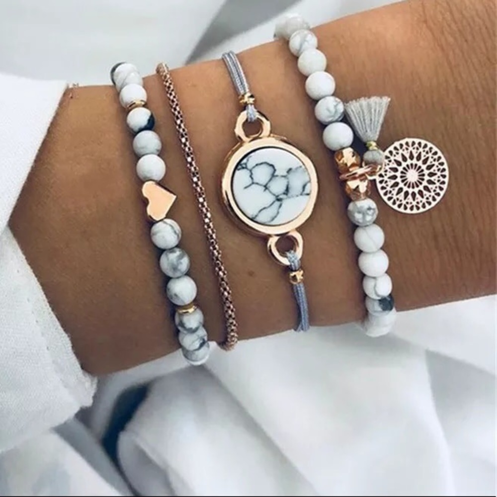 🎉 New Heart & Marble Tassel Boho Bracelet Set